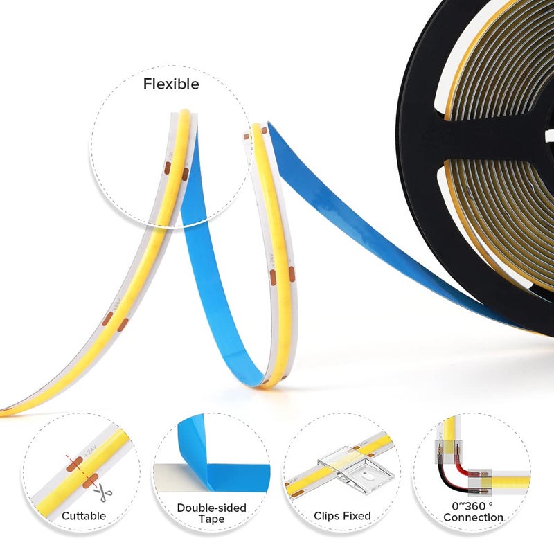BTF-LIGHTING شريط LED مرن عالي الكثافة BTF-LIGHTING FCOB COB 9W/m 16.4FT DC12V أبيض طبيعي 4000K CRI 90+ عرض 8mm قابل للتعتيم للديكور الداخلي (بدون محول أو وحدة تحكم) - Image 5